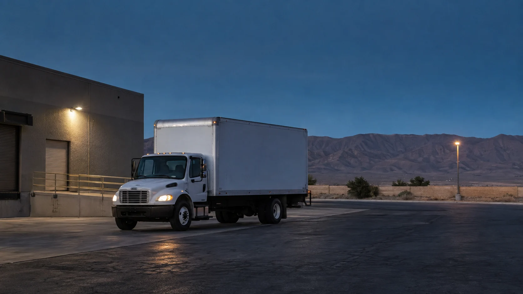 An unbranded box truck moving through a Las Vegas industrial yard at blue hour