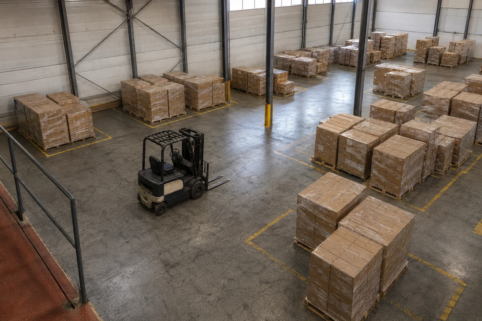 An overhead oblique view of staggered pallet staging zones and a parked forklift